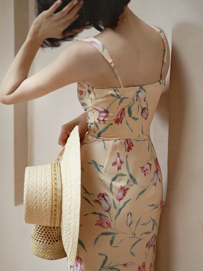 Crimson Floral Pattern Retro Strap Dress