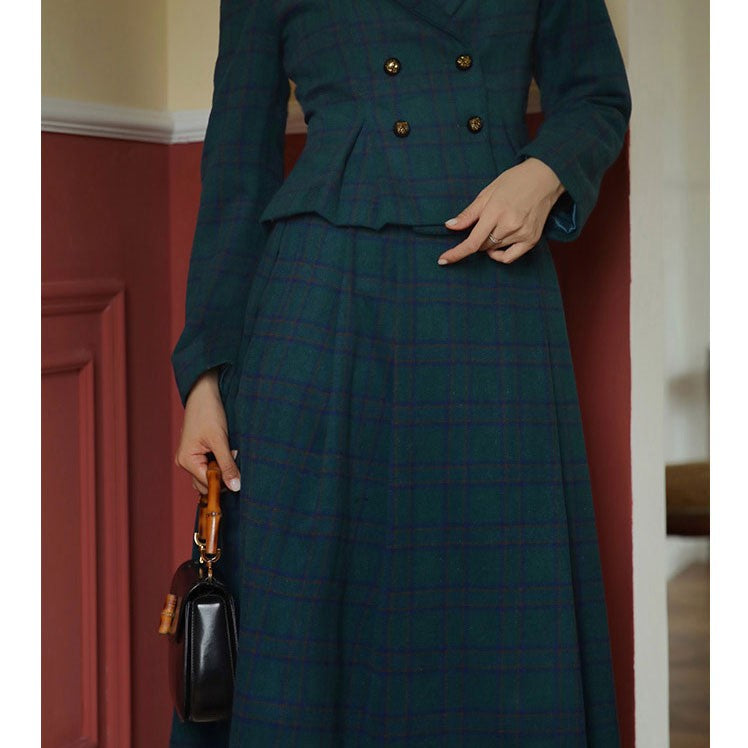 Indigo green plaid retro jacket and tight skirt and flared skirt