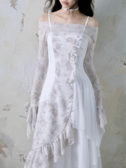 Patchwork Ruffle Suspender Long Dress & Waistcoat【s0000004379】