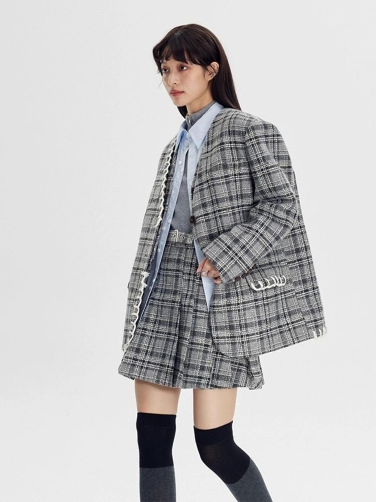 Plaid vest jacket and pleated skirt【s0000003970】