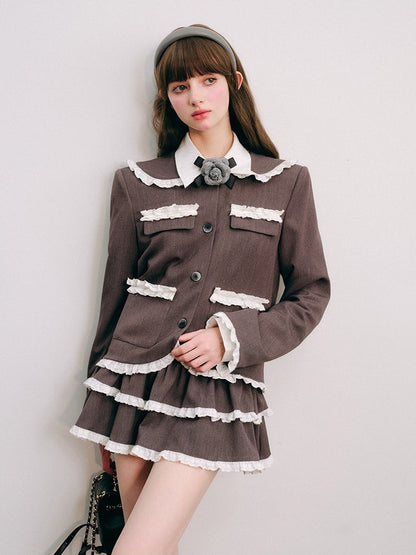 Lace Stitch College Taste Jacket ＆ Puffy Mini Skirt【s0000003853】