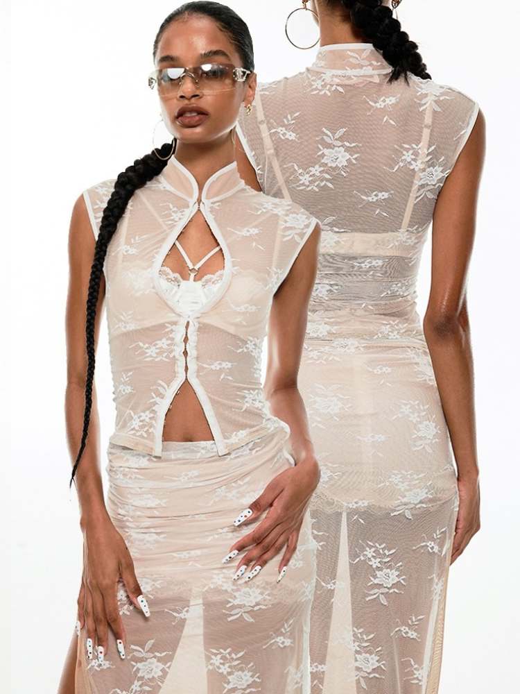 Mesh Lace Cheongsam Blouse & Skirt Set【s0000009176】