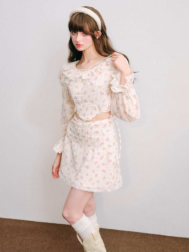 Floral Frill Collar Cropped Shirt ＆ A-Line Mini Skirt【s0000003850】