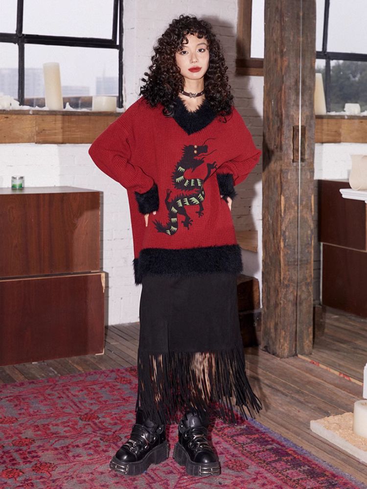 Loose Dragon Print Sweater【s0000005124】