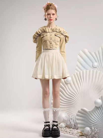 Khaki Denim Top Organza Half Skirt Two Piece Set【s0000006819】