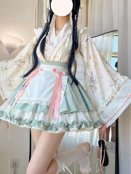 Qianmu - Little Herbalist - Han Lolita Skirt Outfit with Cross-collar Blouse and Apron