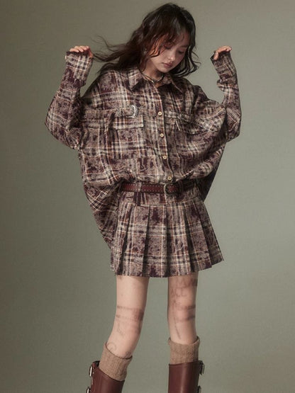 Contrast plaid shirt + pleated skirt【s0000003967】