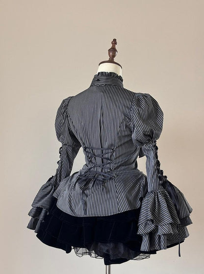 FlowerFairyDaily - Gothic Lolita Striped Shirt With Alternative NeckTie/Jabot
