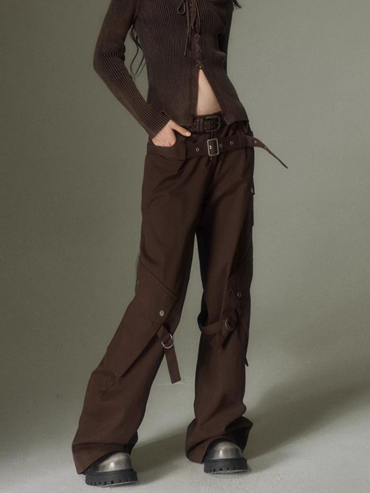 Double belt loose straight wide leg pants【s0000003975】