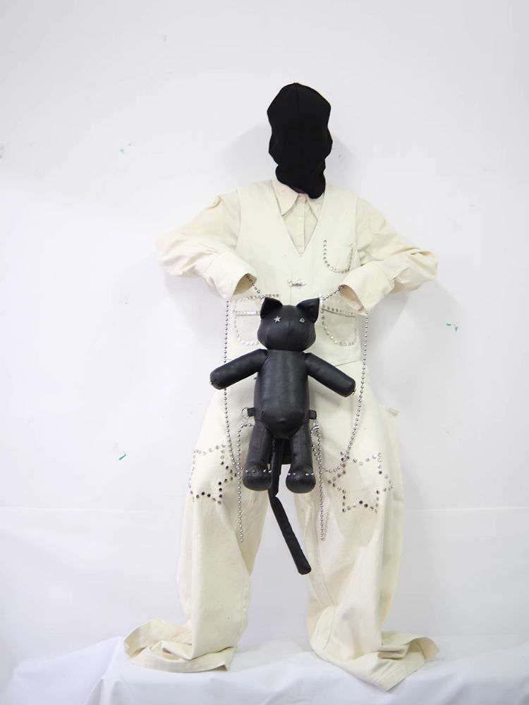 Star Rivet Biker Cat Battle Damage Kitten Double Shoulder Bag【s0000005209】