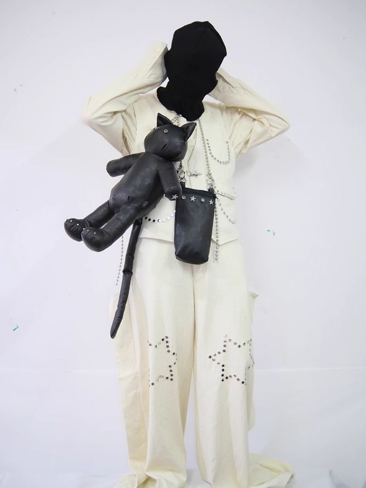 Star Rivet Biker Cat Battle Damage Kitten Double Shoulder Bag【s0000005209】