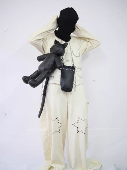 Star Rivet Biker Cat Battle Damage Kitten Double Shoulder Bag【s0000005209】