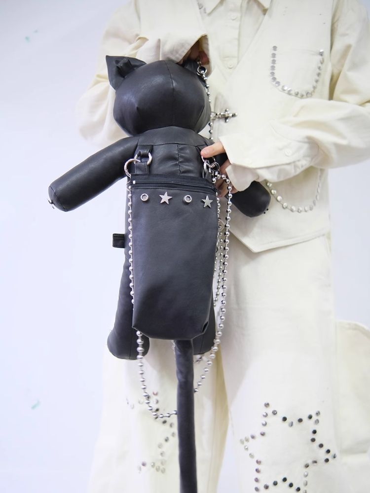 Star Rivet Biker Cat Battle Damage Kitten Double Shoulder Bag【s0000005209】