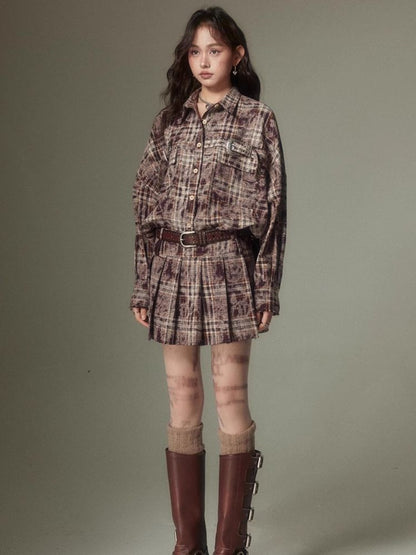 Contrast plaid shirt + pleated skirt【s0000003967】