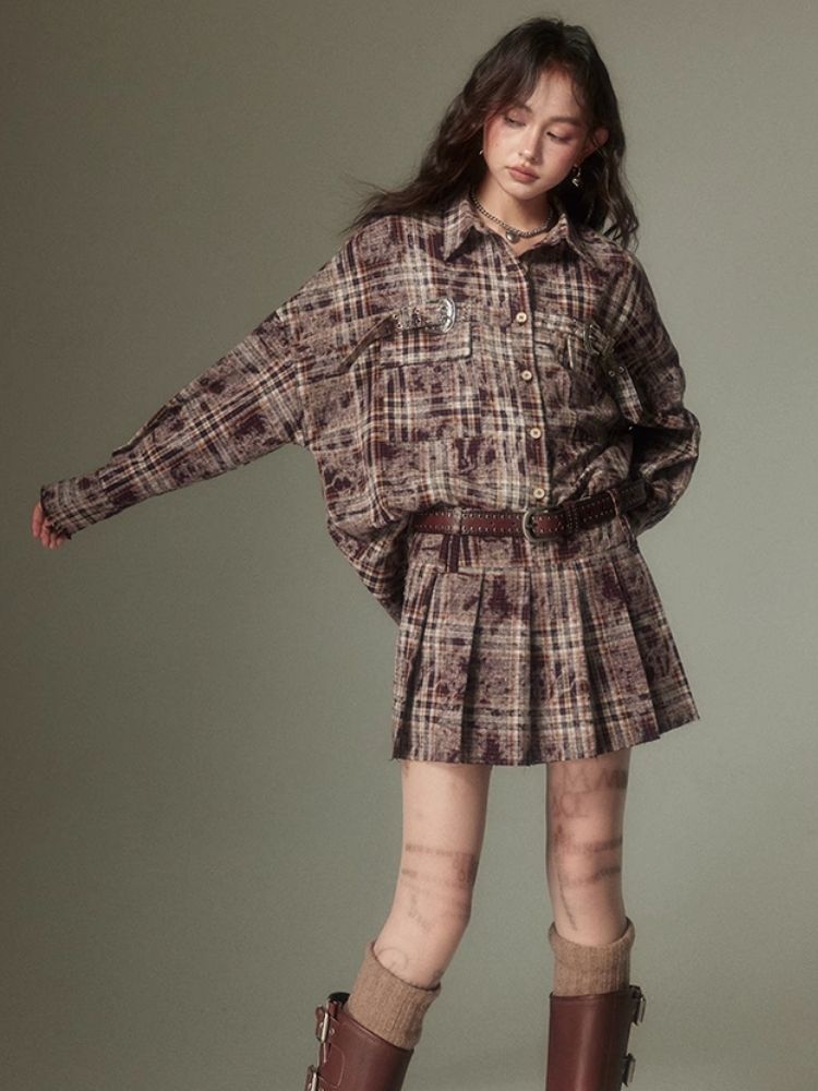 Contrast plaid shirt + pleated skirt【s0000003967】