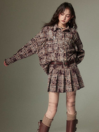 Contrast plaid shirt + pleated skirt【s0000003967】