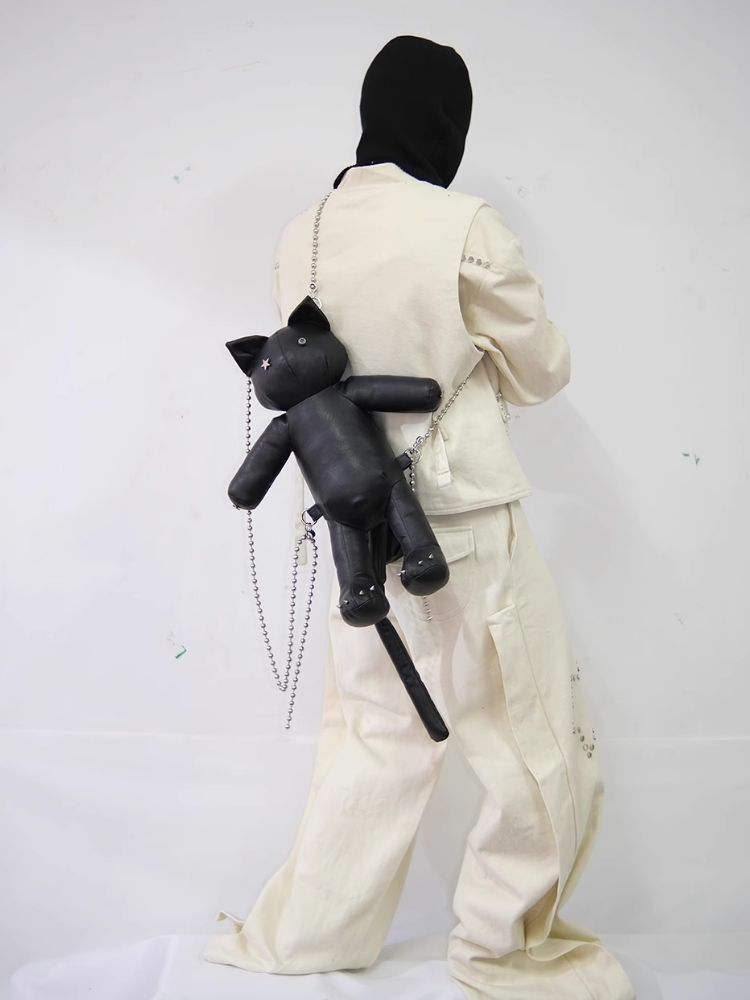 Star Rivet Biker Cat Battle Damage Kitten Double Shoulder Bag【s0000005209】