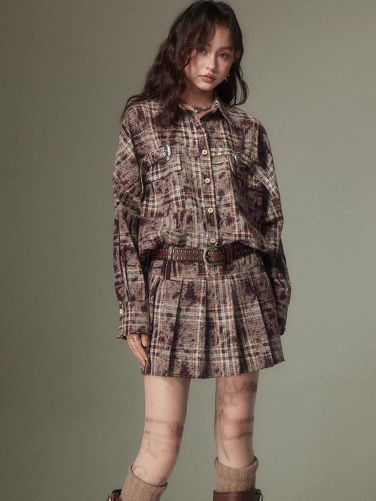 Contrast plaid shirt + pleated skirt【s0000003967】