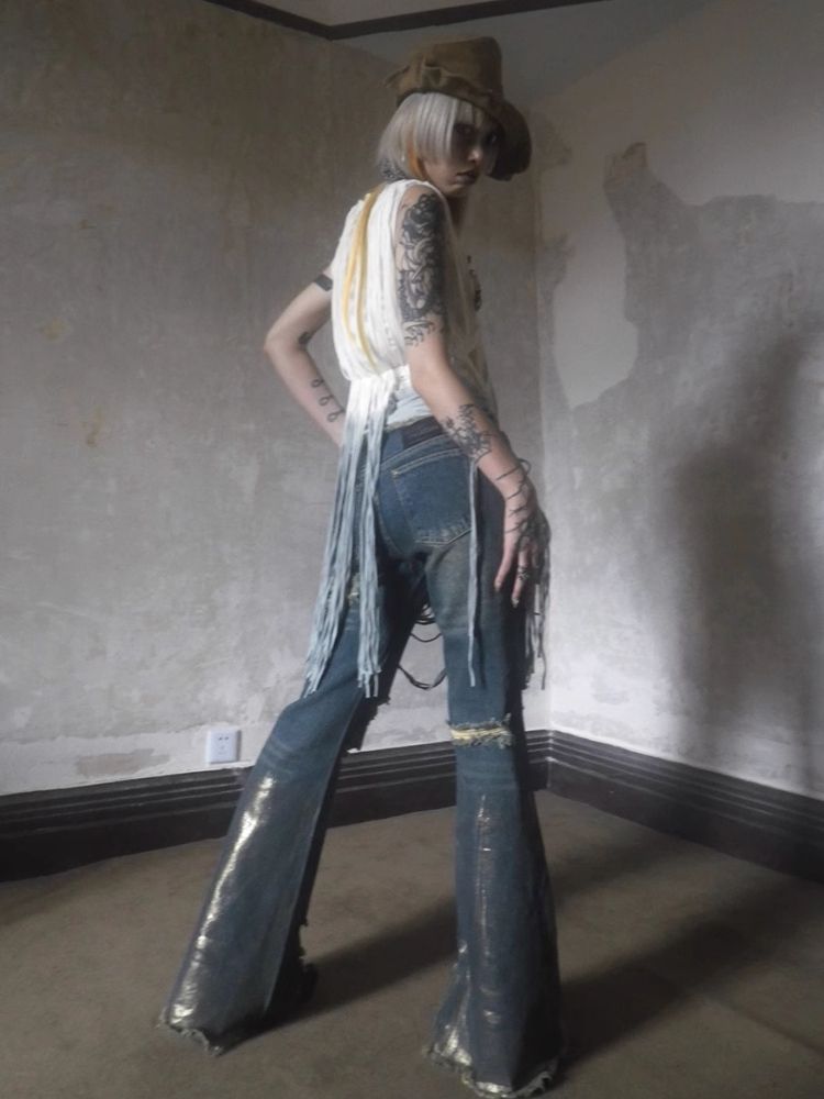 Low Waisted Old Ripped Metal Flare Jeans【s0000004947】