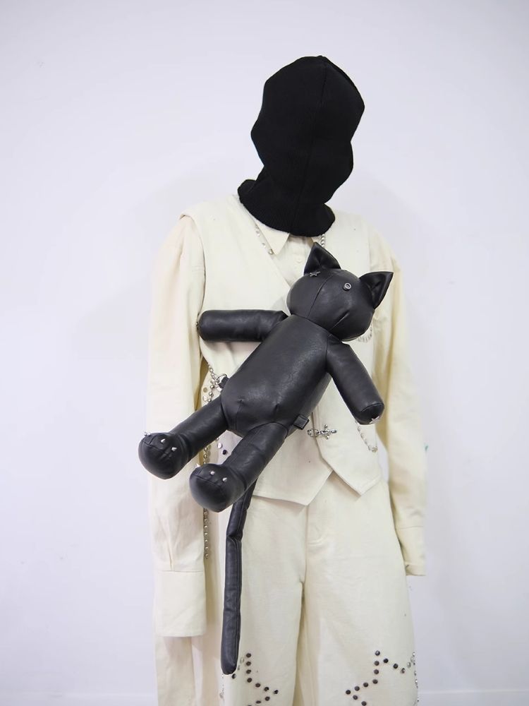 Star Rivet Biker Cat Battle Damage Kitten Double Shoulder Bag【s0000005209】