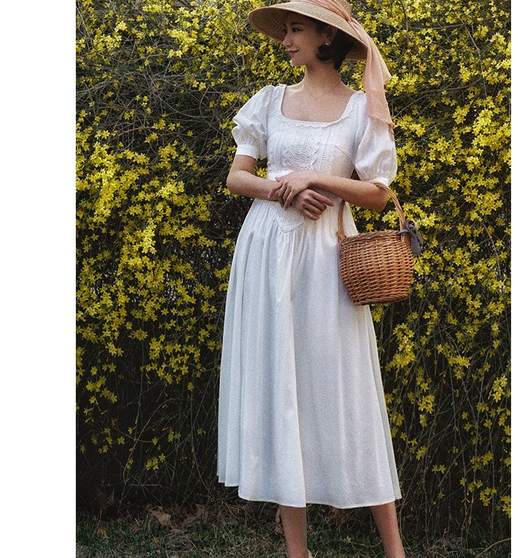 White thread embroidery vintage dress