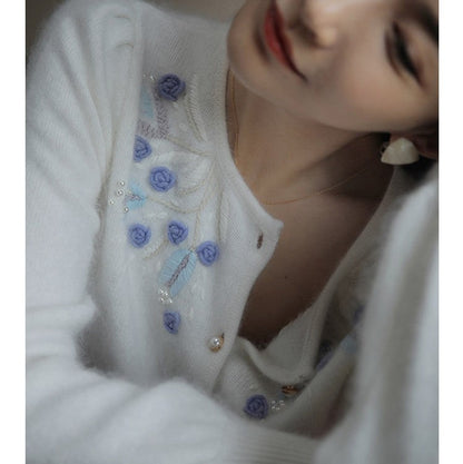 blue flower embroidery knit cardigan