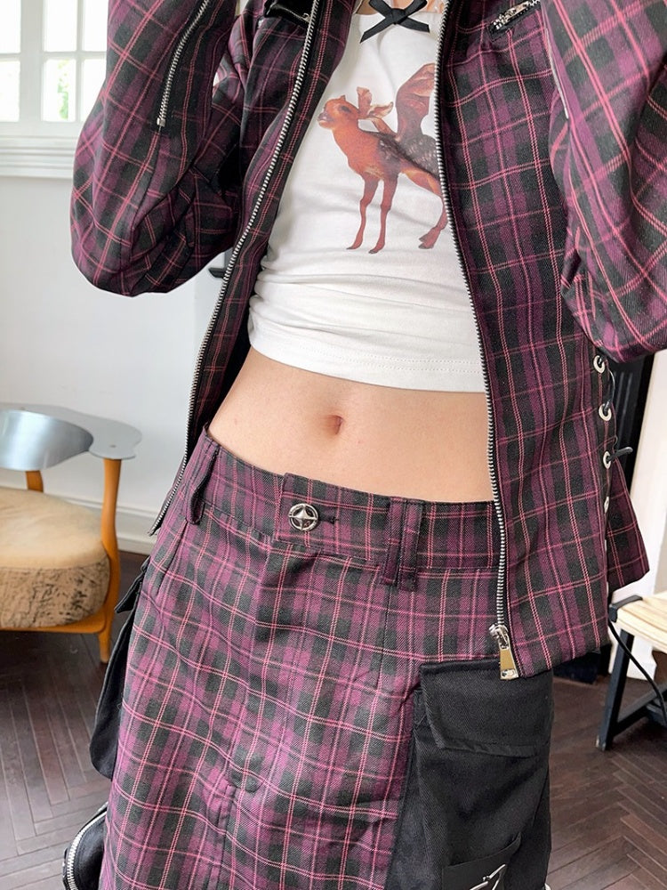Plaid Zipper Short Jacket & Patch Pocket Long Skirt【s0000003884】