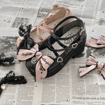 Sheep Puff - Black Pink Japanese Lolita Thick Heel Shoes