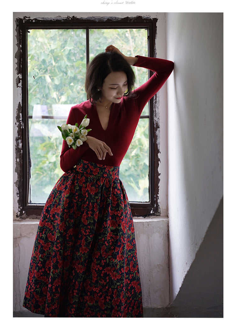 red flower jacquard skirt