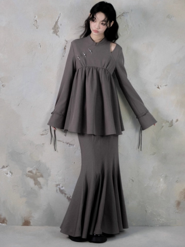 Mao Collar Switching Peplum Tops & Mermaid Skirt【s0000004393】