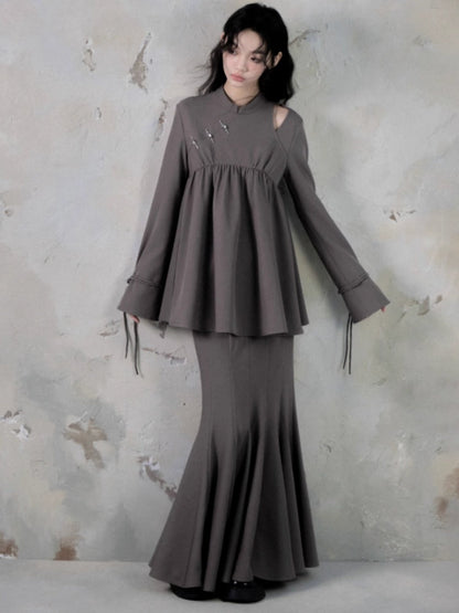 Mao Collar Switching Peplum Tops & Mermaid Skirt【s0000004393】