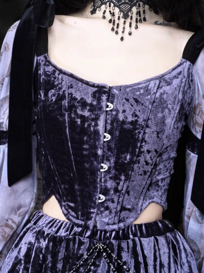 Gothic Velvet Balloon Sleeve Shoulder Ribbon Blouse【s0000003865】