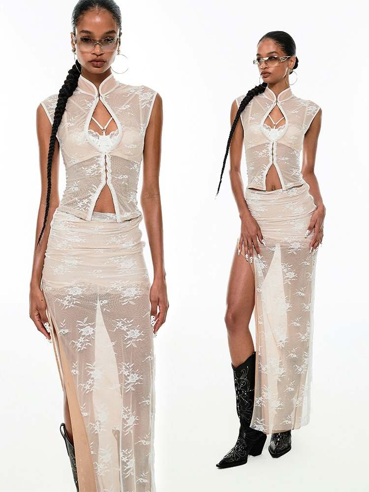 Mesh Lace Cheongsam Blouse & Skirt Set【s0000009176】