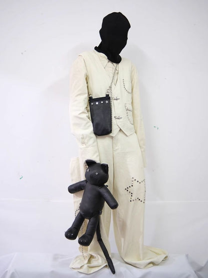 Star Rivet Biker Cat Battle Damage Kitten Double Shoulder Bag【s0000005209】