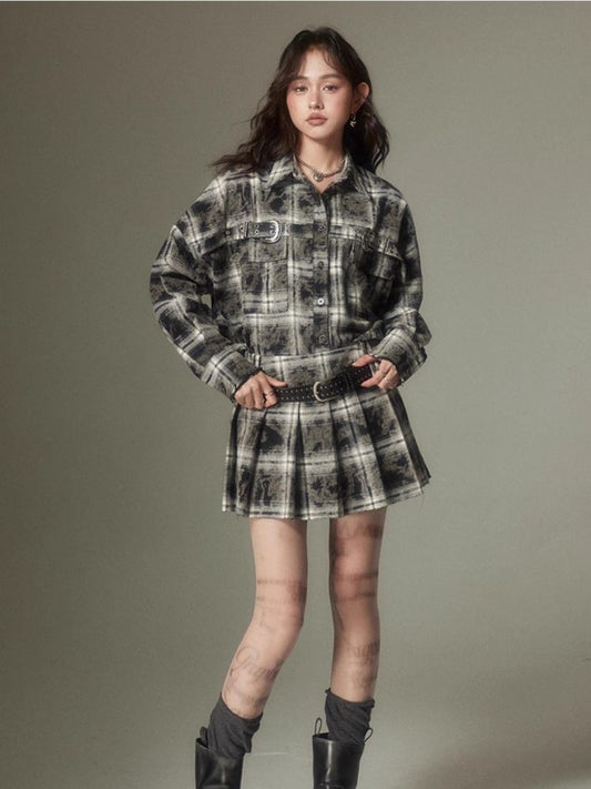 Contrast plaid shirt + pleated skirt【s0000003967】