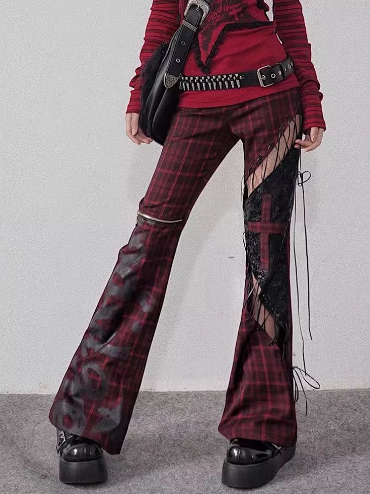 Plaid Patchwork Leather chic pants【s0000004935】