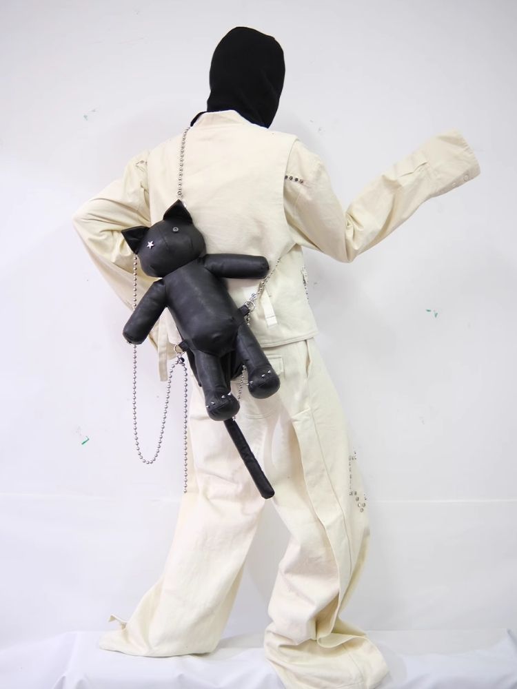 Star Rivet Biker Cat Battle Damage Kitten Double Shoulder Bag【s0000005209】