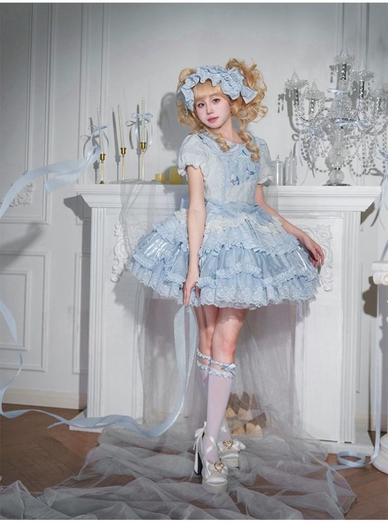 Honey Machine - Blue Whale - Sweet Lolita OP Suit Tiered Ruffle Dress with Shell Lace