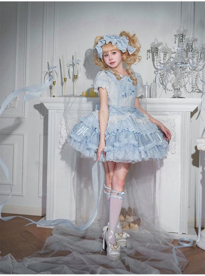 Honey Machine - Blue Whale - Sweet Lolita OP Suit Tiered Ruffle Dress with Shell Lace