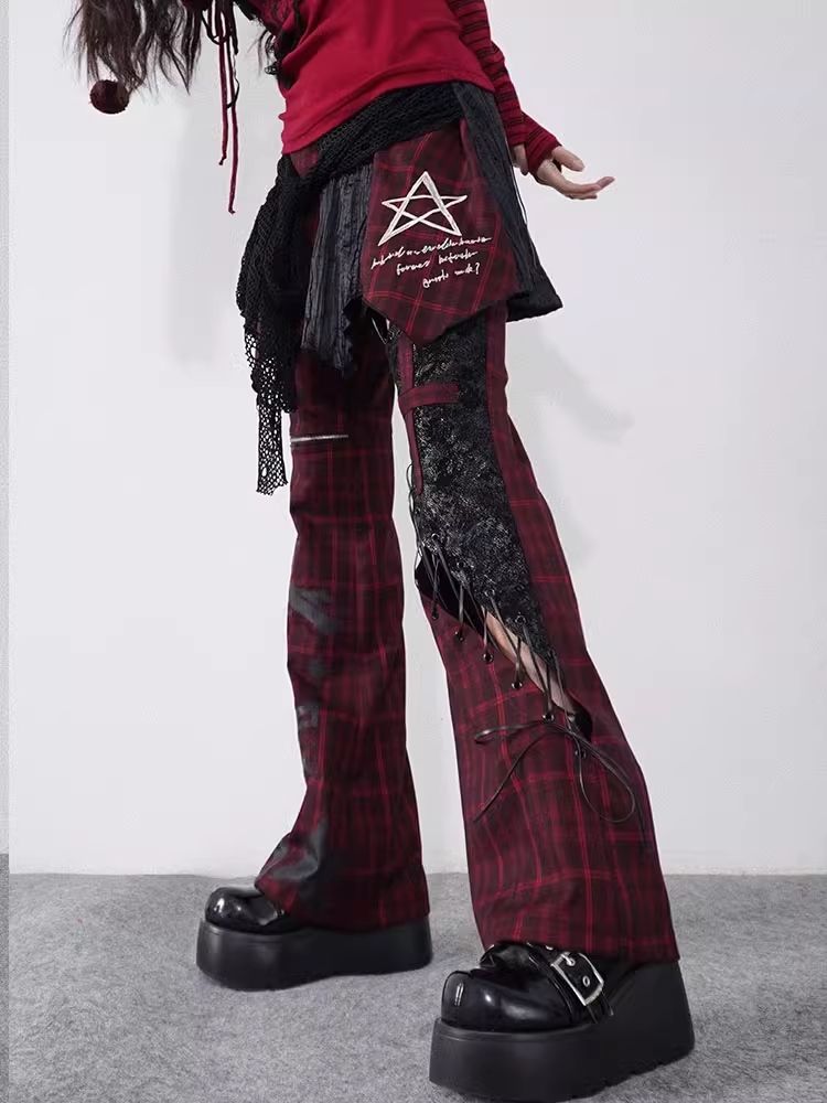 Plaid Patchwork Leather chic pants【s0000004935】