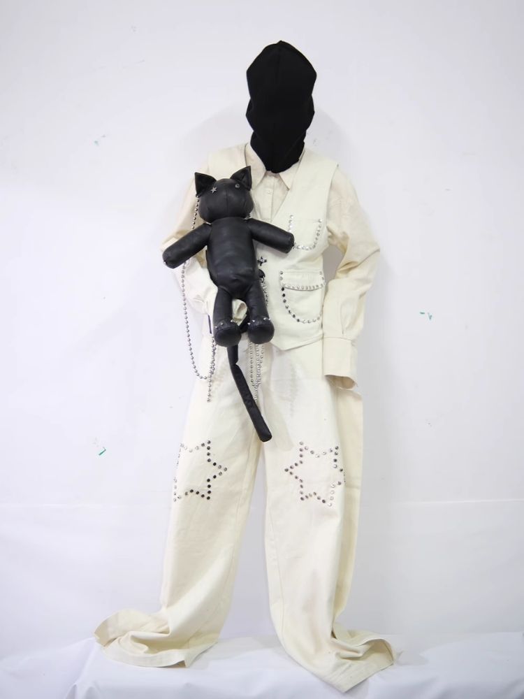 Star Rivet Biker Cat Battle Damage Kitten Double Shoulder Bag【s0000005209】