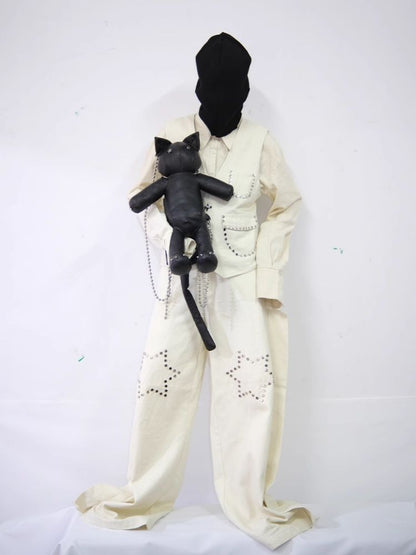 Star Rivet Biker Cat Battle Damage Kitten Double Shoulder Bag【s0000005209】