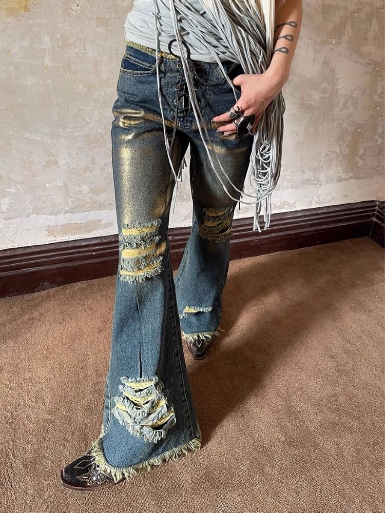 Low Waisted Old Ripped Metal Flare Jeans【s0000004947】