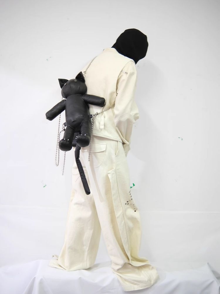 Star Rivet Biker Cat Battle Damage Kitten Double Shoulder Bag【s0000005209】