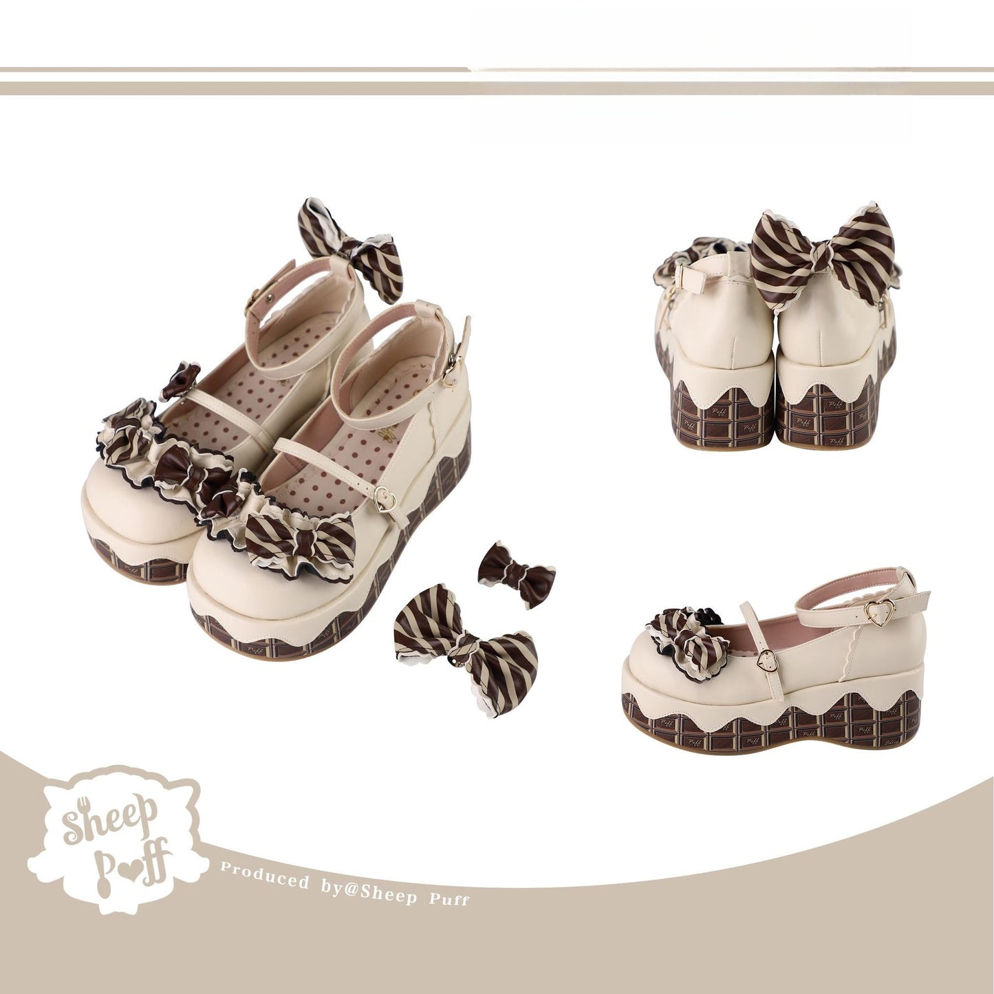 Sheep Puff - Chocolate Sponge Cake - Sweet Lolita Thick-Sole Shoes with Printed Platform