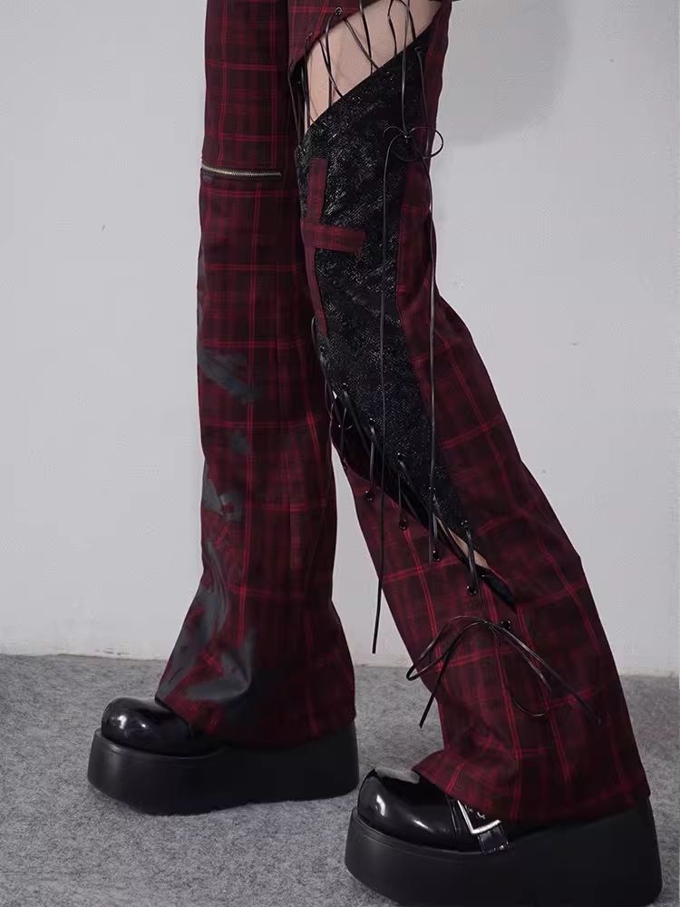 Plaid Patchwork Leather chic pants【s0000004935】