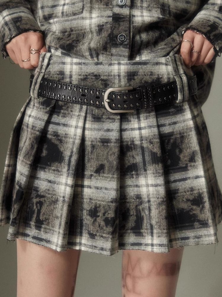 Contrast plaid shirt + pleated skirt【s0000003967】