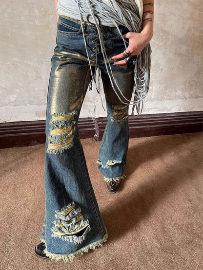 Low Waisted Old Ripped Metal Flare Jeans【s0000004947】