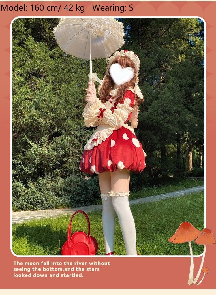 Sakurahime - Mushroom - Kawaii Lolita OP Dress with Apron and Detachable Sleeves