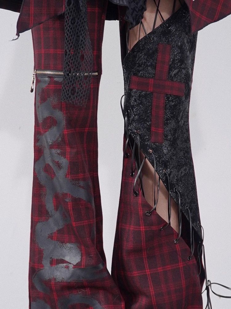 Plaid Patchwork Leather chic pants【s0000004935】